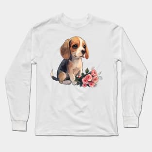 Valentine Beagle Dog Giving Flowers Long Sleeve T-Shirt